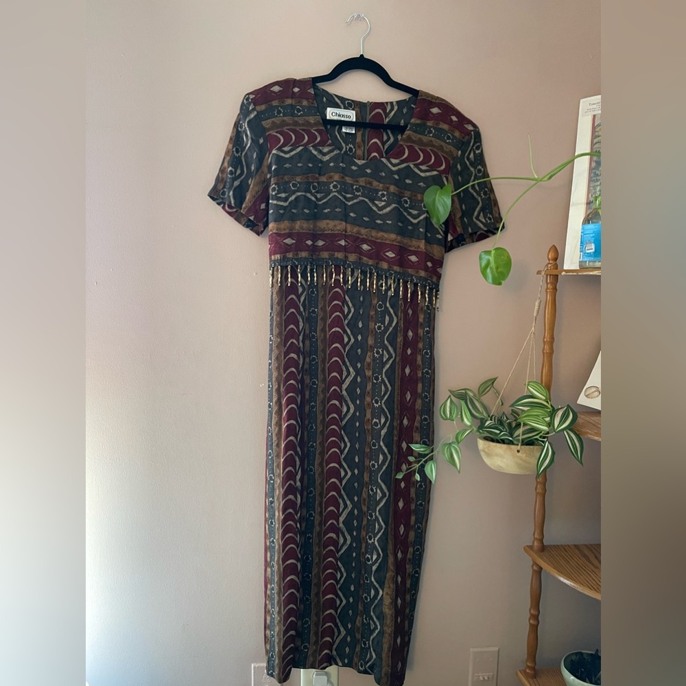 Vintage Tribal Print Beaded Maxi Dress